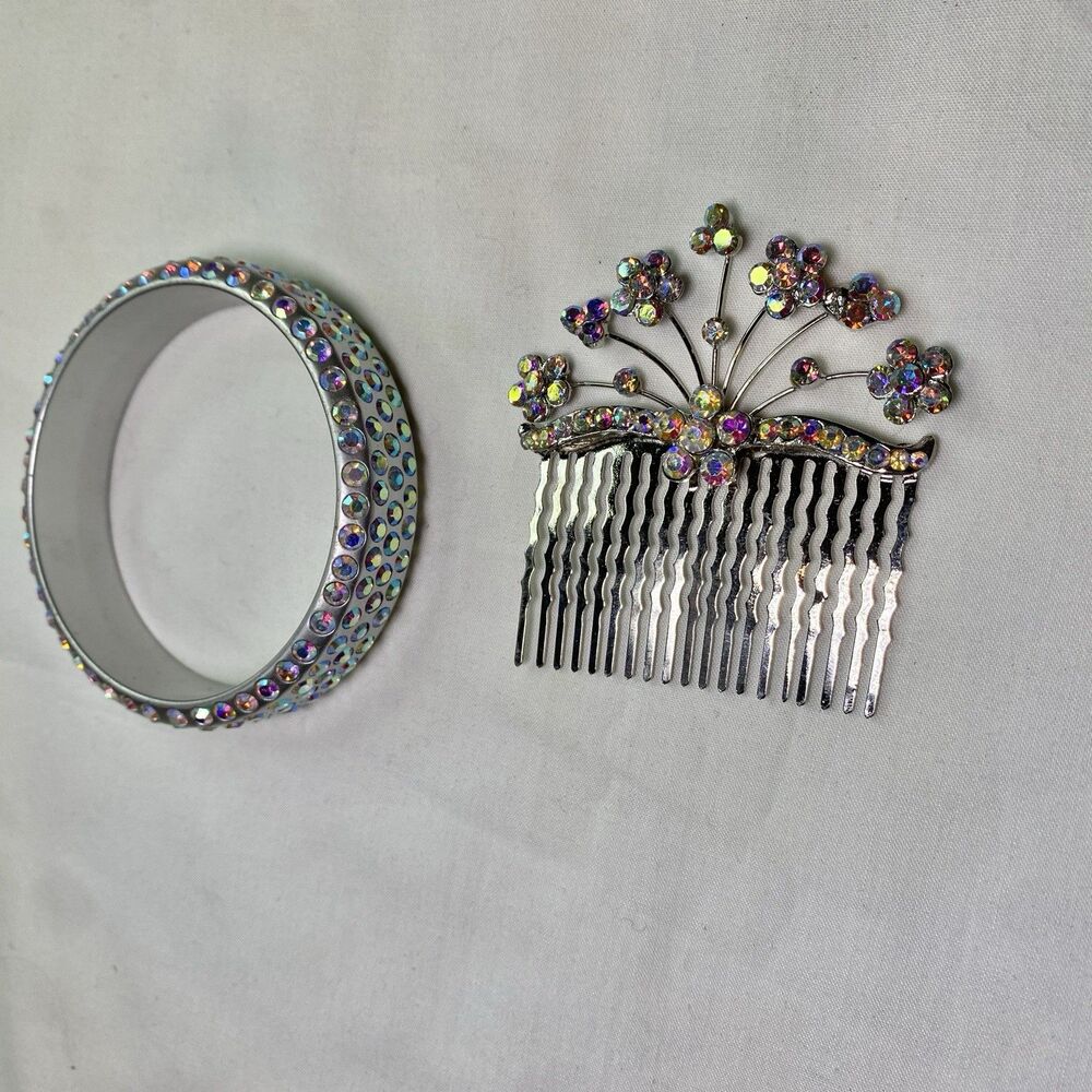 iridescent rhinestones hair comb barrette and bangle bracelet set silver color